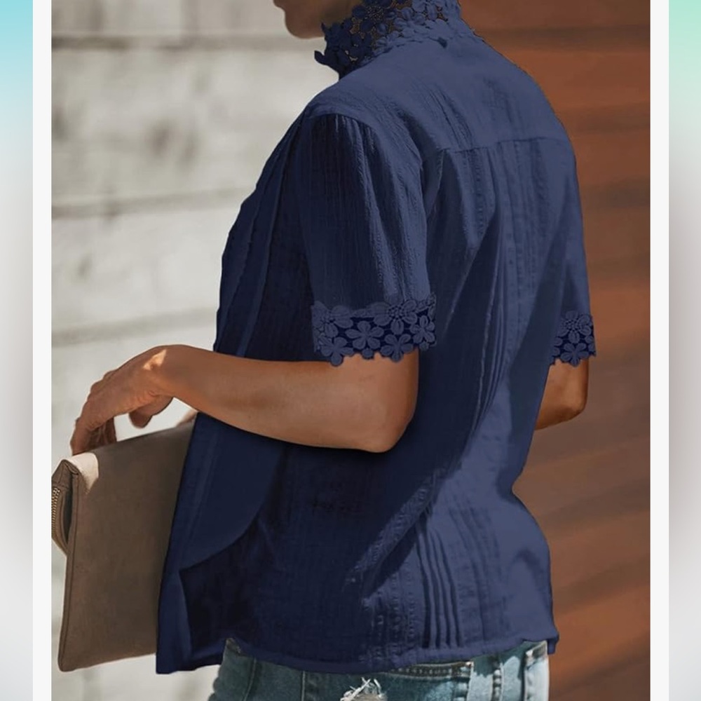 NWOT Dokotoo Lace Crochet  Flowy Short Sleeve Solid Casual Button Down M Blue - Picture 3 of 6